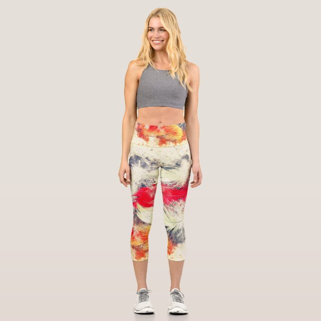 Gorgeous Funky Vibrant Feather Design Capri Leggings (Front)