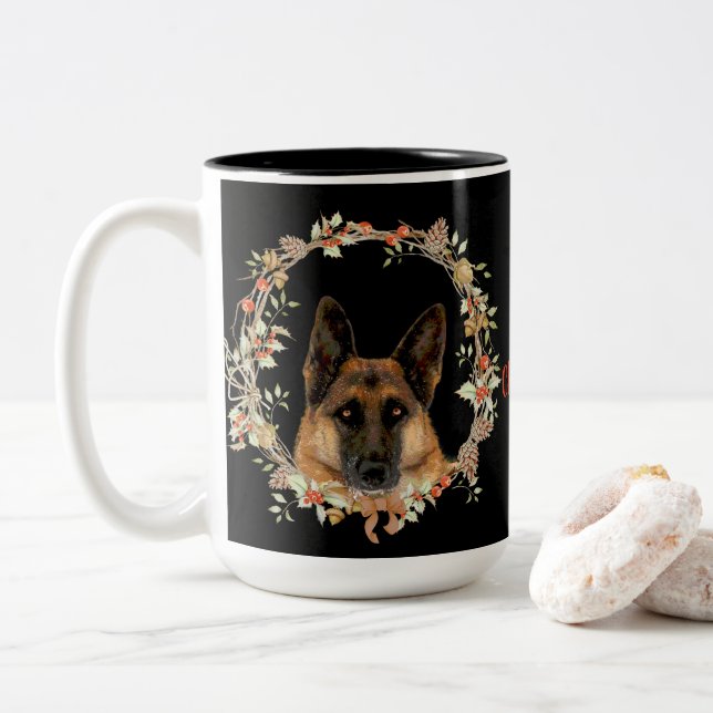 Gorgeous German Shepherd Christmas Two-Tone Coffee Mug (With Donut)