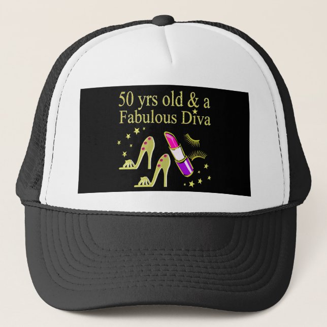 GORGEOUS GOLD 50TH BIRTHDAY DIVA DESIGN TRUCKER HAT (Front)