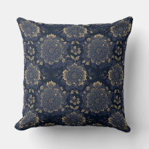 Gorgeous Gold and Blue Vintage Floral Throw Pillow