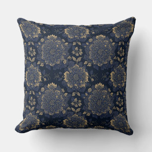 Gorgeous Gold and Blue Vintage Floral Throw Pillow