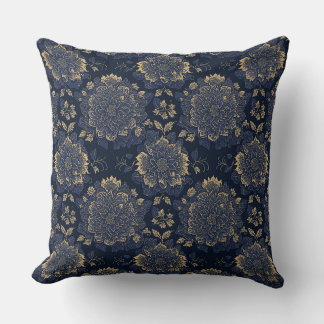 Gorgeous Gold and Blue Vintage Floral Throw Pillow
