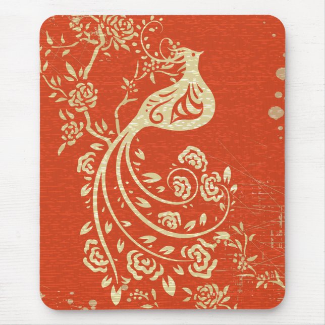 Gorgeous Gold Bird Fine Girly Retro Floral Mouse Mat (Front)