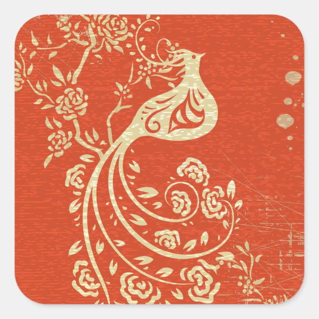 Gorgeous Gold Bird Fine Girly Retro Floral Square Sticker (Front)
