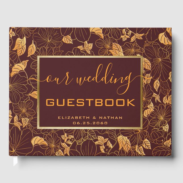Gorgeous Gold Floral Bungundy Wedding Guest Book (Front)