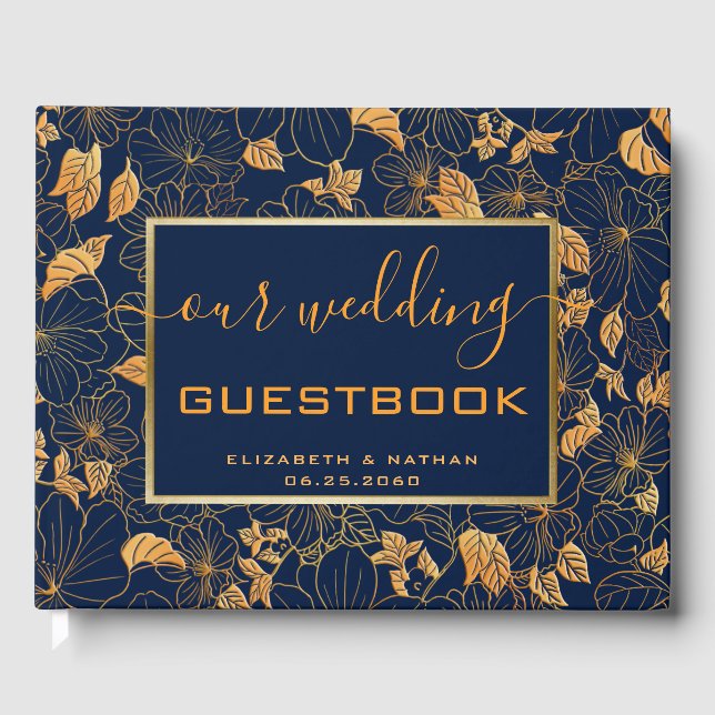Gorgeous Gold Floral Navy Blue Wedding Guest Book (Front)