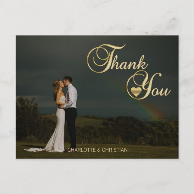 Gorgeous Gold Heart Photo Wedding THANK YOU Postcard (Front)