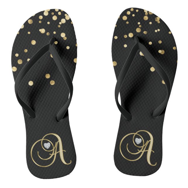 Gorgeous Gold Monogram Letter 'A' Diamond Heart Flip Flops (Footbed)