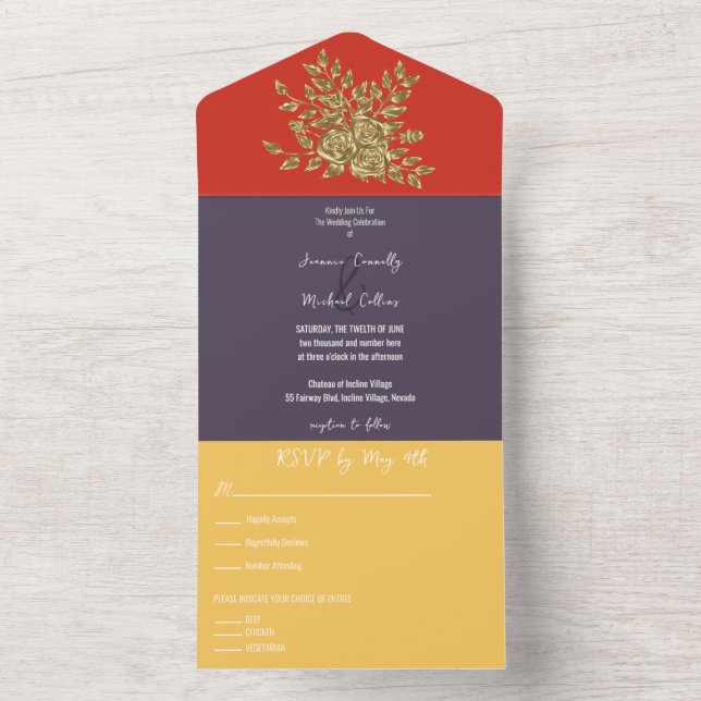 Gorgeous  Gold Rose's Wedding All In One Invitation (Inside)