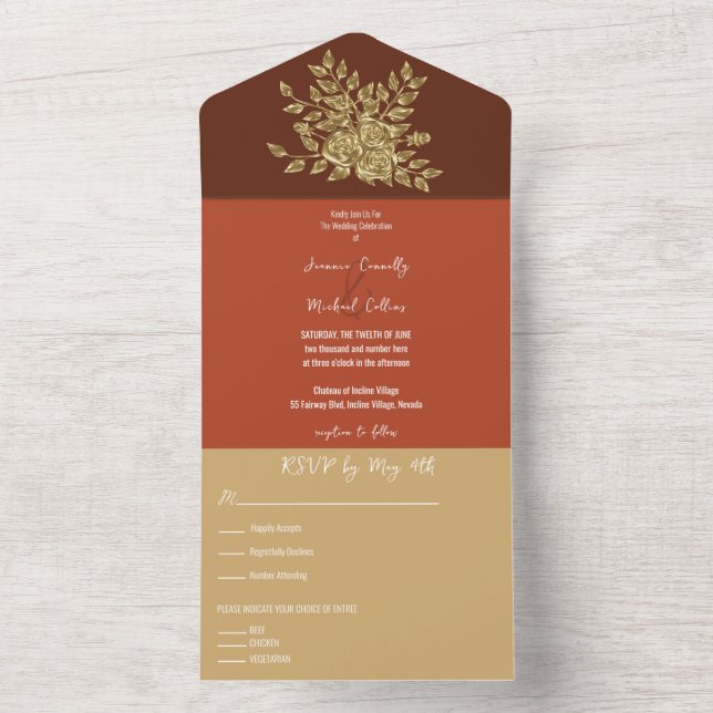 Gorgeous  Gold Rose's Wedding All In One Invitation (Inside)
