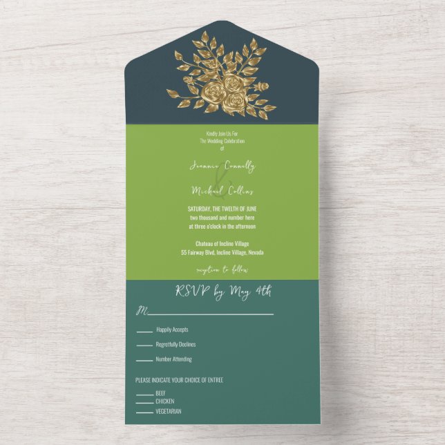 Gorgeous  Gold Rose's Wedding All In One Invitation (Inside)