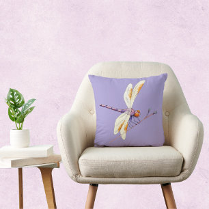 Gorgeous Golden Dragonfly on Branch Against Purple Cushion