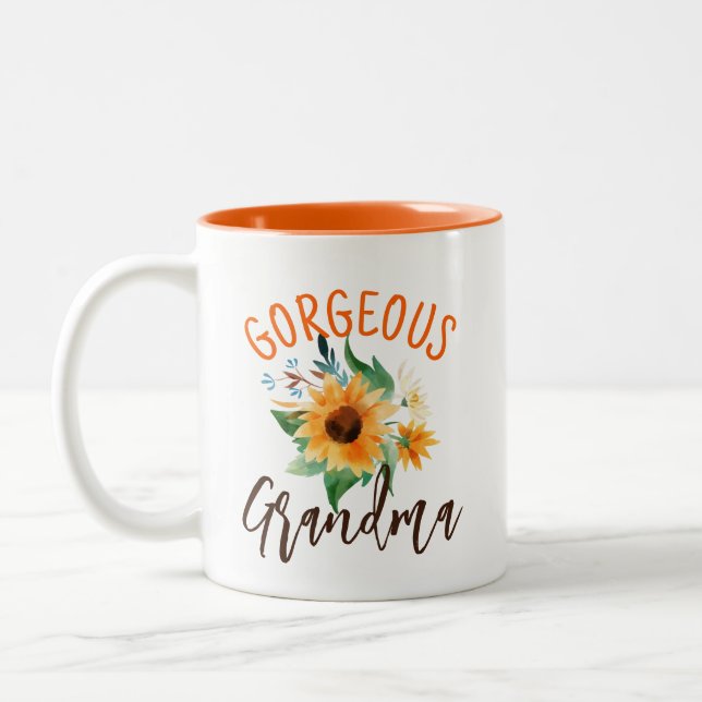 Gorgeous Grandma Floral Sunflower Personalised Two-Tone Coffee Mug (Left)