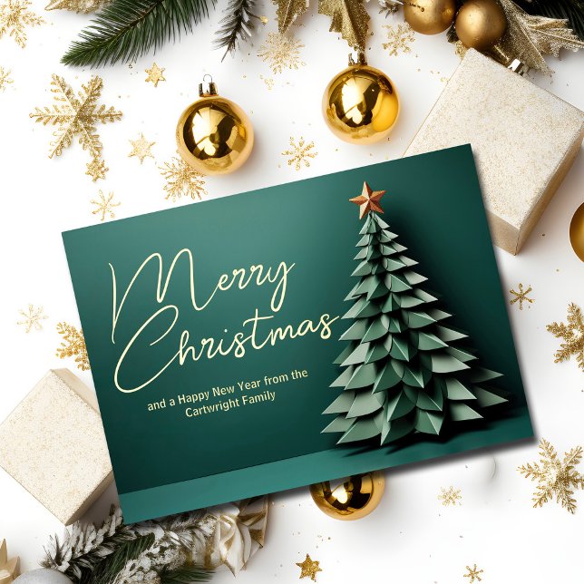 Gorgeous Green Merry Christmas Tree Gold Foil Holiday Card (Creator Uploaded)