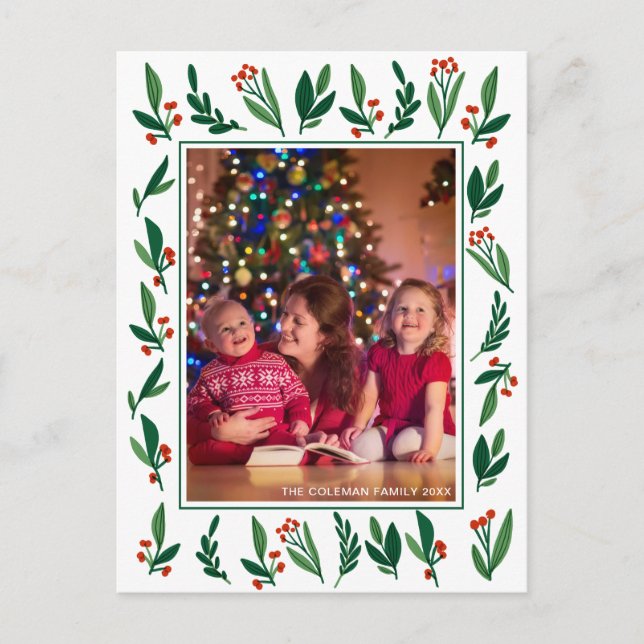 Gorgeous Greenery & Berries Family Christmas Photo Postcard (Front)