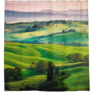 Gorgeous greens in the landscape and with light pa shower curtain