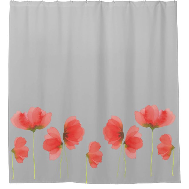 Gorgeous grey & red floral shower curtain (Front)