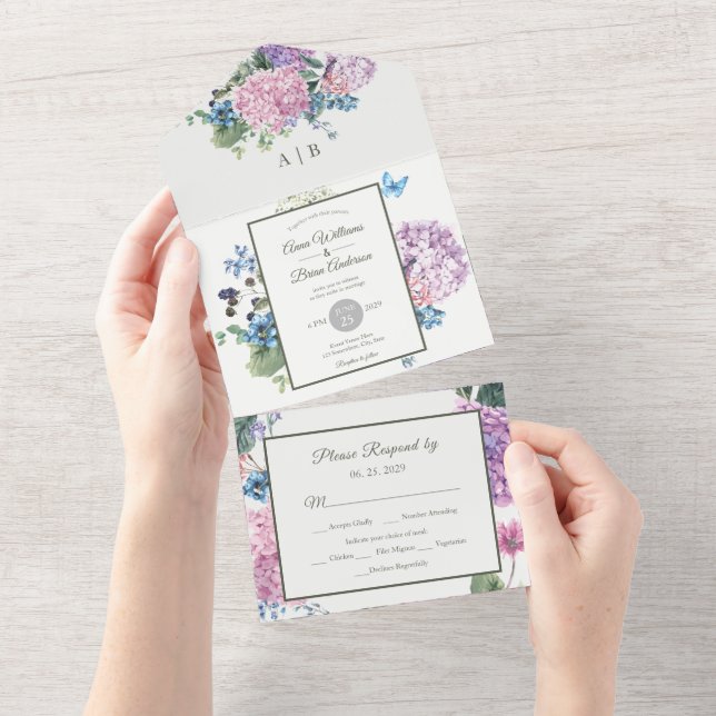 Gorgeous Hand-painted Hydrangea Floral Wedding All In One Invitation (Tearaway)