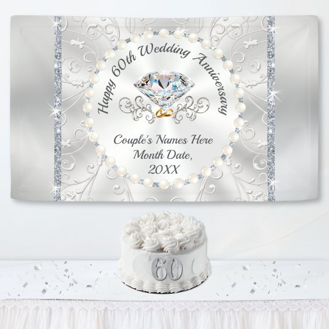 Gorgeous Happy 60th Wedding Anniversary Banner (60th wedding anniversary banner. 60th anniversary party decorations and diamond party supplies.)