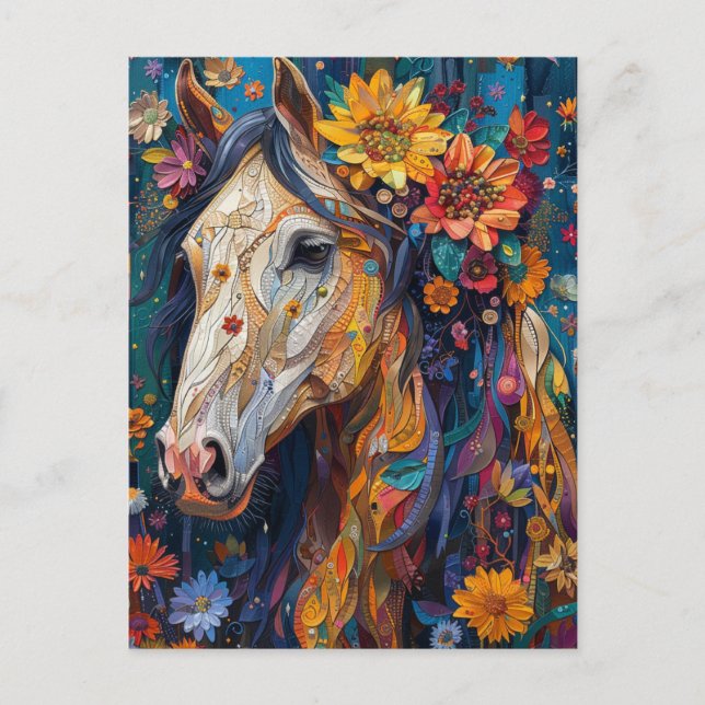 Gorgeous Horse With Colourful Flowers Postcard (Front)
