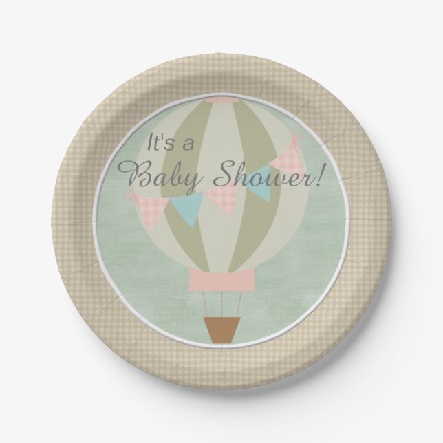 Gorgeous Hot Air Balloon Neutral Baby Shower Paper Plate (Front)