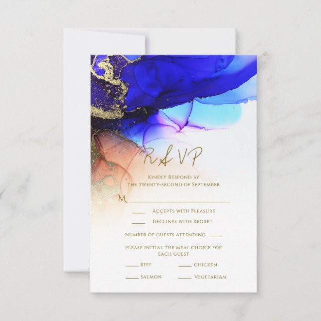 Gorgeous Indigo Blue Orange Gold Wedding RSVP Card (Front)