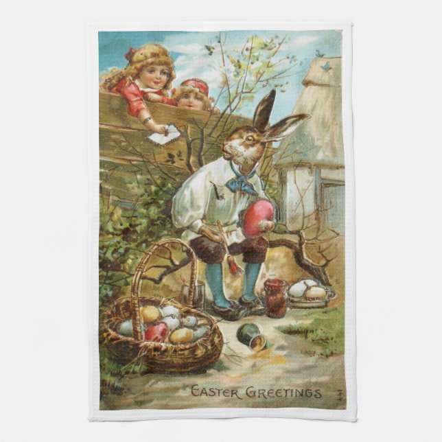Gorgeous Kitchen Towel Easter Bunny Painting Eggs (Vertical)