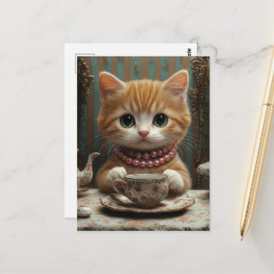 Gorgeous Kitty in Pink Pearls at Tea Postcard