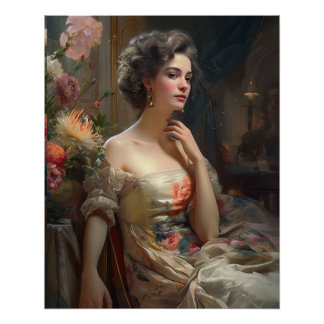 Gorgeous Lady In A Silk Flowers Dress. Poster