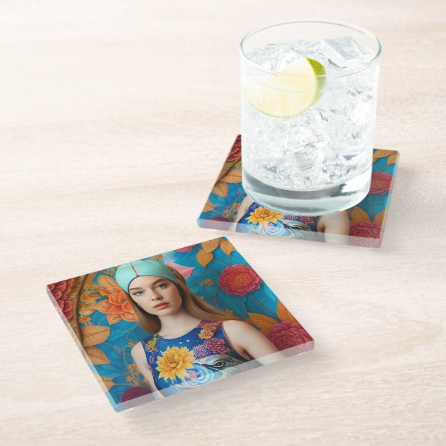 Gorgeous lady with tattoo glass coaster (Angled)