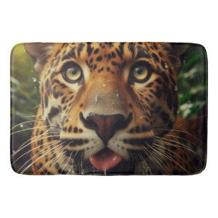 Gorgeous Leopard Stares Lapping Water in Jungle Bath Mat