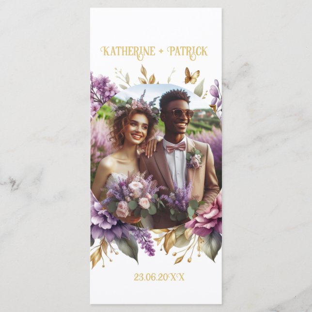 Gorgeous Lilac and Lavender Vineyard Wedding Menu (Front)