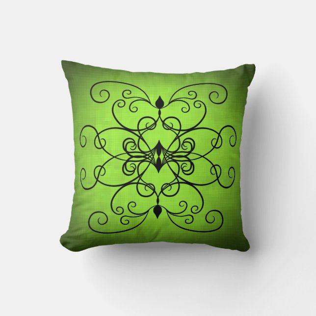 Gorgeous lime green and black hearts and swirls cushion (Front)