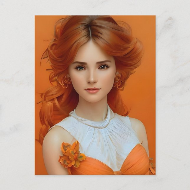 Gorgeous Long Haired Woman in Orange Fashion Model Postcard (Front)