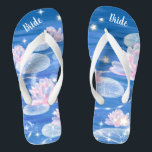 Gorgeous Lotus Waterlily Blue White Wedding Bride  Flip Flops<br><div class="desc">Featuring elegant lotus flowers dotted with stars on the blue background, these gorgeous flip flops are a pretty something blue idea for your wedding. They will definitely add a stylish dose of glam to your wedding day, bachelorette party, or other celebration. ♥Customise it with your wording by using the template fields. ♥ If...</div>