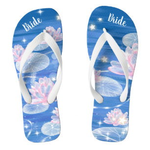 Gorgeous Lotus Waterlily Blue White Wedding Bride Flip Flops