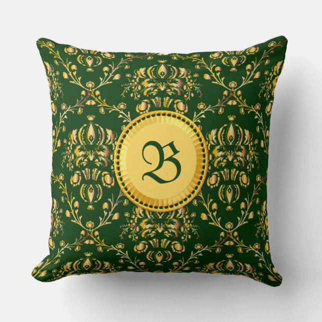 Gorgeous Mediaeval Monogram Gold Dark Green Damask Cushion (Front)