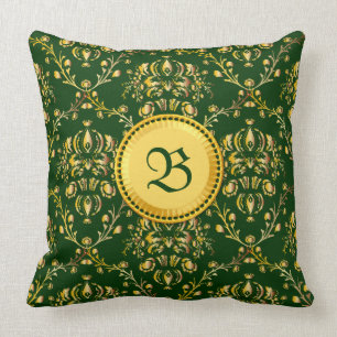 Gorgeous Mediaeval Monogram Gold Dark Green Damask Cushion