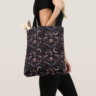 Gorgeous Moths Flowers and Moons Pattern Tote Bag