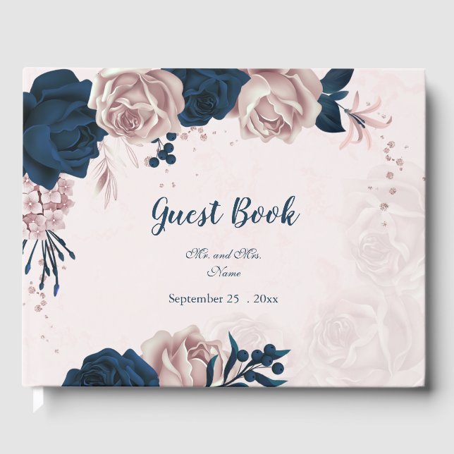 gorgeous navy blue & dusty rose flowers botanical guest book (Front)