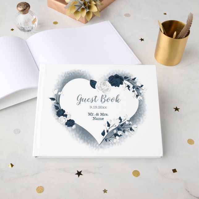 gorgeous navy blue & white floral heart botanical guest book (Front Open)