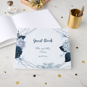 gorgeous navy & dusty blue flowers botanical   guest book