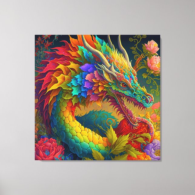 Gorgeous Neon Floral Dragon Canvas Print (Front)