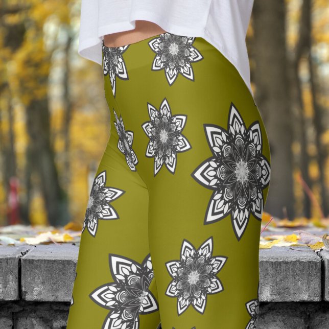 Gorgeous Olive Green Mandela Pattern Leggings (Mandela on Olive )