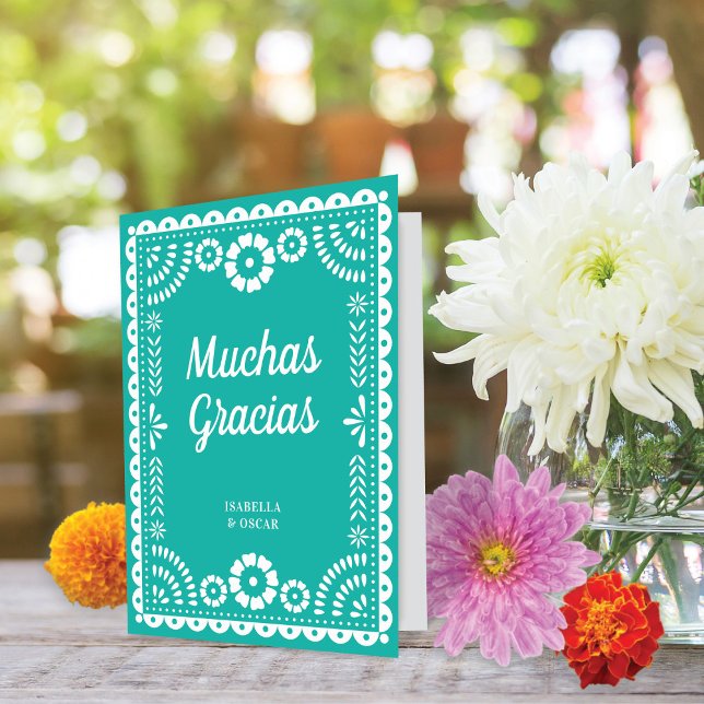 Gorgeous Ornate Papel Picado Aqua Wedding Thank You Card (Creator Uploaded)
