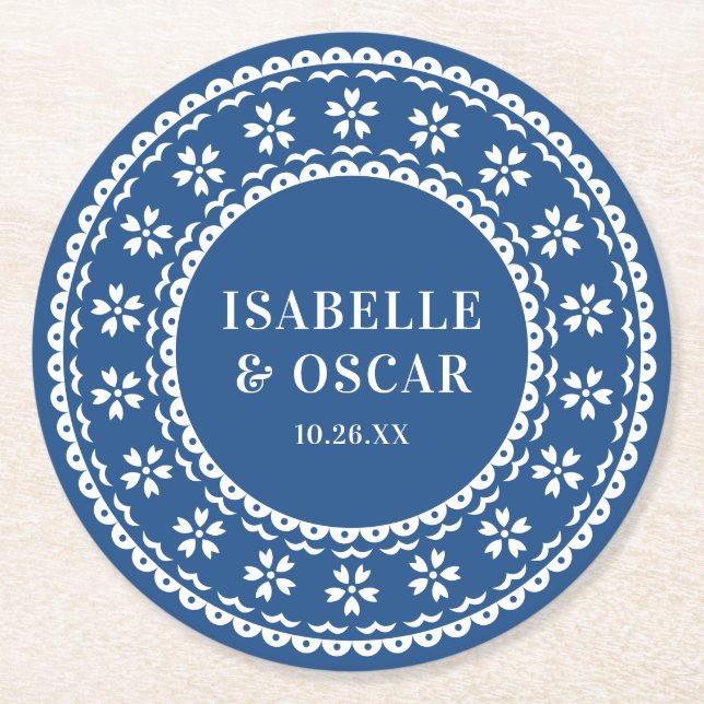 Gorgeous Ornate Papel Picado Blue Wedding Round Paper Coaster (Front)
