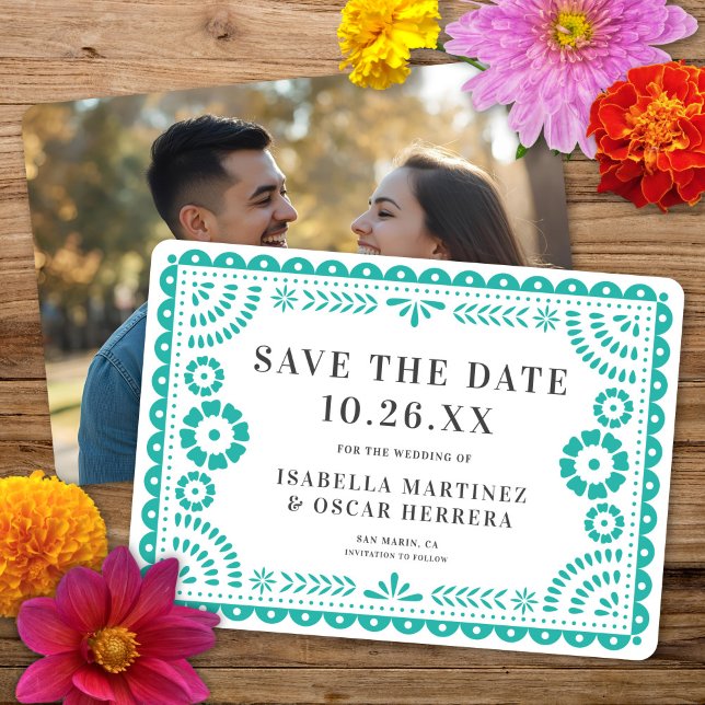 Gorgeous Ornate Papel Picado Photo Aqua Wedding Save The Date (Creator Uploaded)