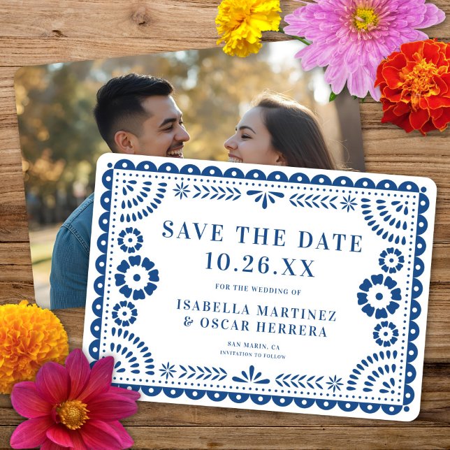 Gorgeous Ornate Papel Picado Photo Blue Wedding Save The Date (Creator Uploaded)