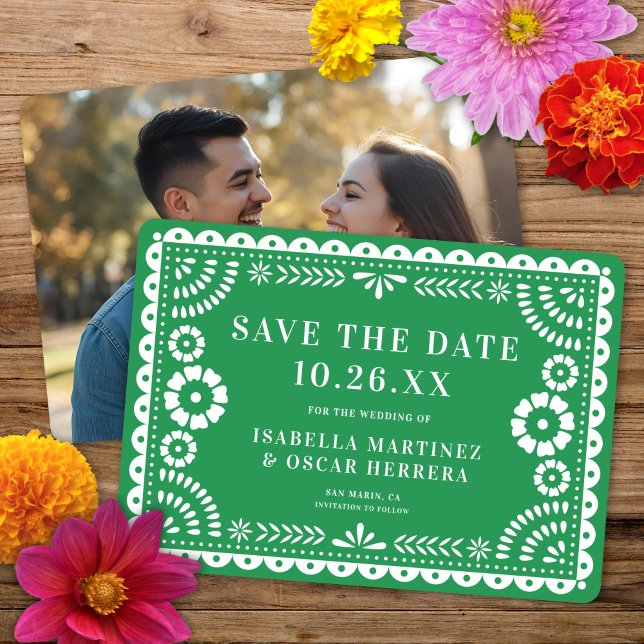 Gorgeous Ornate Papel Picado Photo Green Wedding Save The Date (Creator Uploaded)