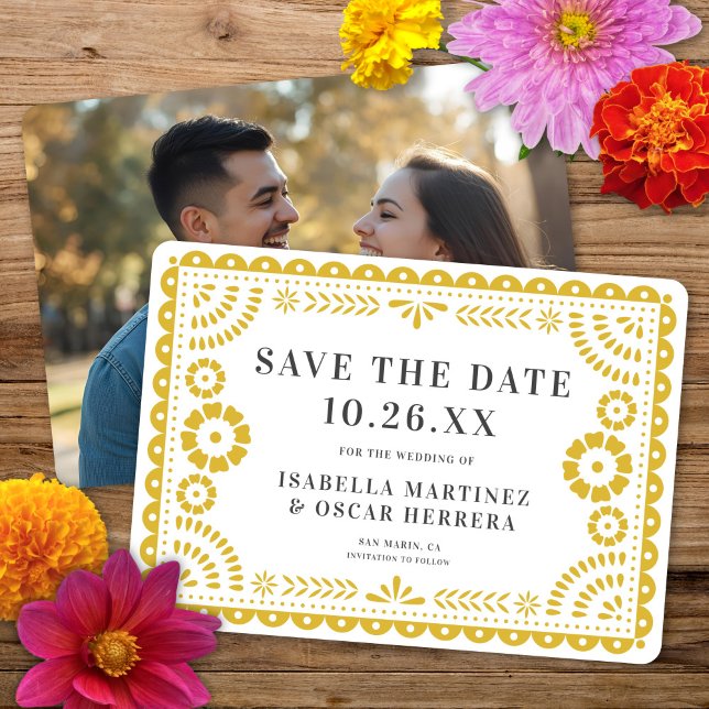 Gorgeous Ornate Papel Picado Photo Yellow Wedding Save The Date (Creator Uploaded)